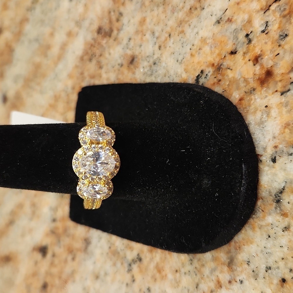 18K Gold Plated 3-Stone Simulated Diamond Halo Ring, 1.65 Ct, NEW - Picture 6 of 6